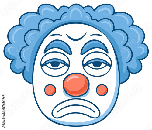 Cartoonish Clown Face with Sad Expression Blue Hair and Costume Makeup