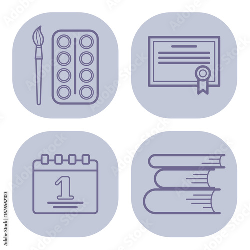 Collection of various educational tools. Paint palettes, certificates, calendars, and books, essential for productive learning environment