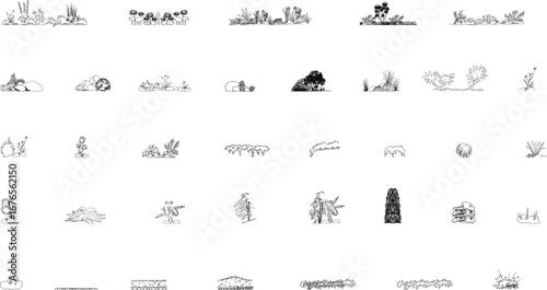 A black-and-white vector collection of various bush elevations and shrubbery, suitable for architectural, landscape, and urban design projects that require natural elements.