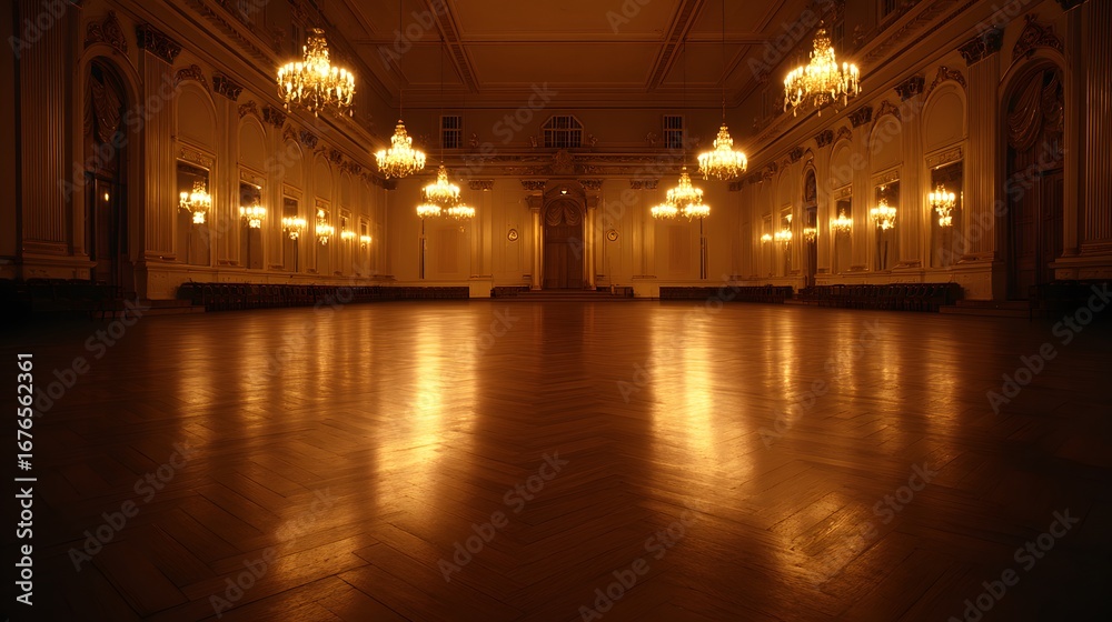 Fototapeta premium Grand ballroom, illuminated by shimmering chandeliers, displays a polished wooden floor reflecting warm golden light.