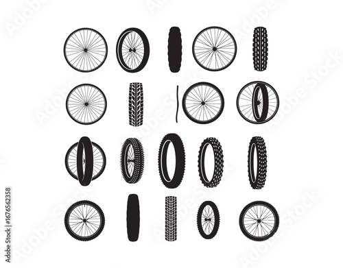 A set of black bicycle wheel icons. Silhouettes of rubber bike tires. Features fitness bikes, road bikes, and mountain bikes. Vector illustration.