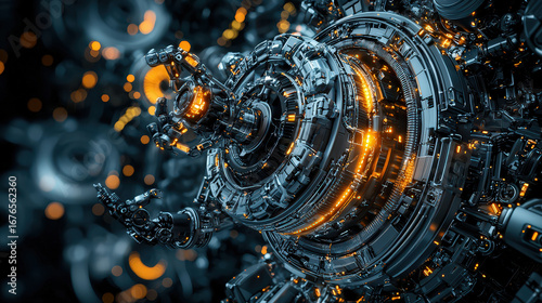 Futuristic design of robotic structure featuring intricate metallic surfaces and glowing orange accents, showcasing advanced technology