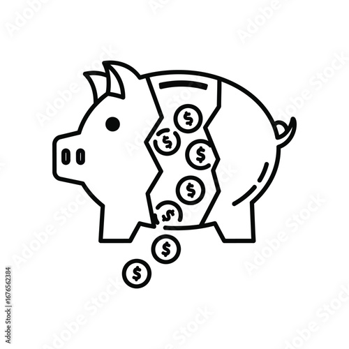 Cracked Piggy Bank and Dollar Coins: The image showcases a damaged piggy bank with money and the concept of loss, financial insecurity, or economic hardship.