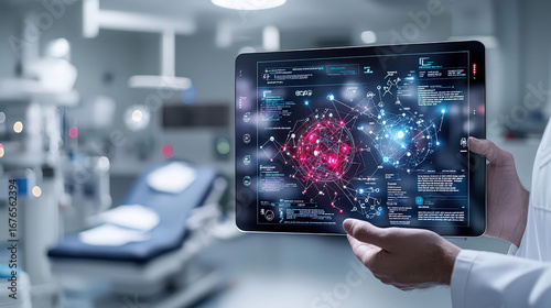 Futuristic interface displaying real time monitoring of medical data, showcasing advanced technology in clinical setting
