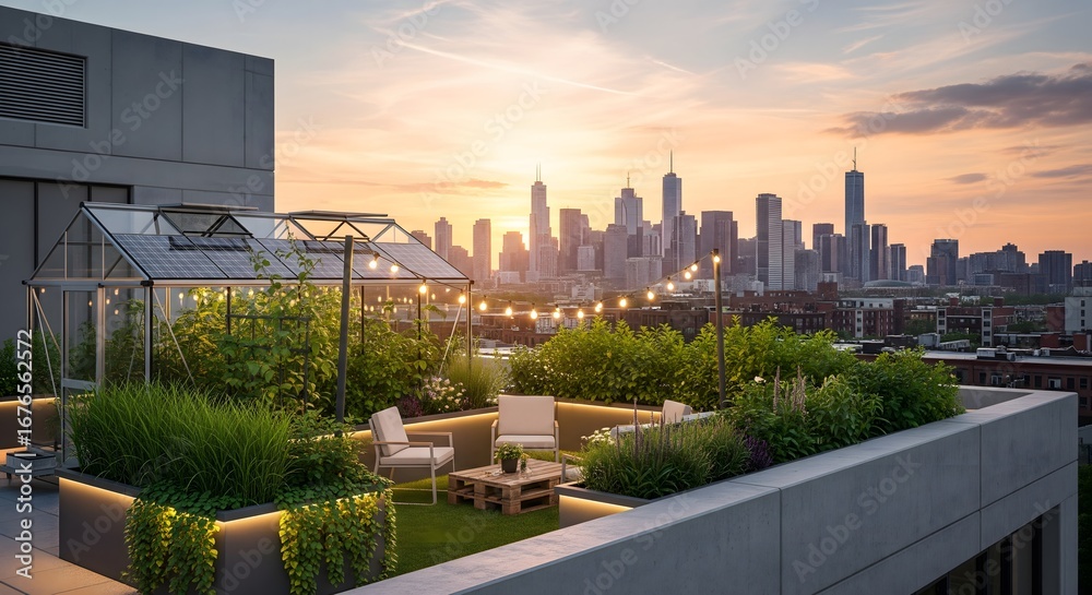 Fototapeta premium Modern rooftop garden terrace with greenhouse, cozy seating area, and city skyline view at sunset, urban sustainability and eco-friendly living design