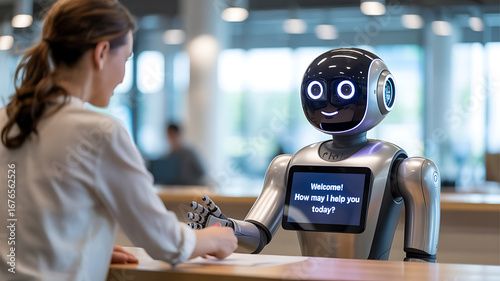 Futuristic customer service experience with an advanced AI robot assistant welcoming a person in a modern office lobby