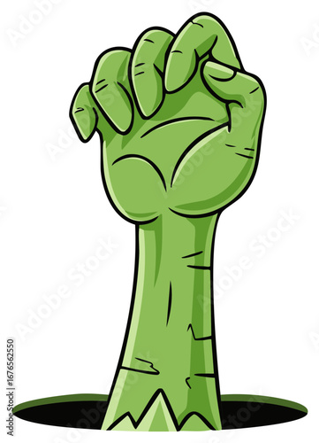 Cartoon green zombie hand emerging from a hole
