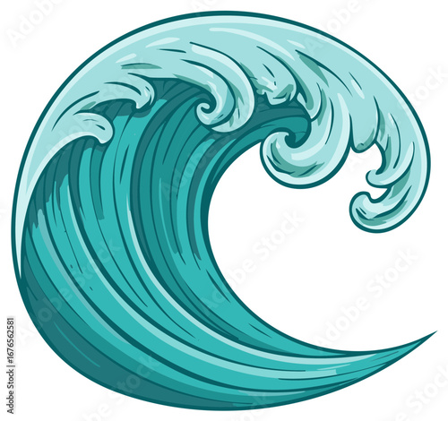 Stylized ocean wave illustration featuring dynamic curling teal and blue water
