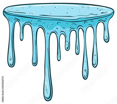 Bright blue liquid dripping downwards cartoon style vector illustration, concept of melting or sweet glaze