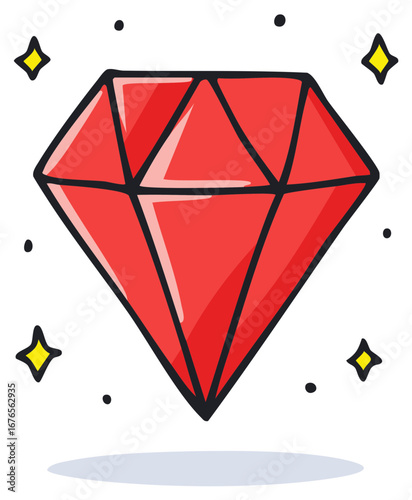 Vibrant red shiny diamond with sparkles in a playful cartoon doodle drawing