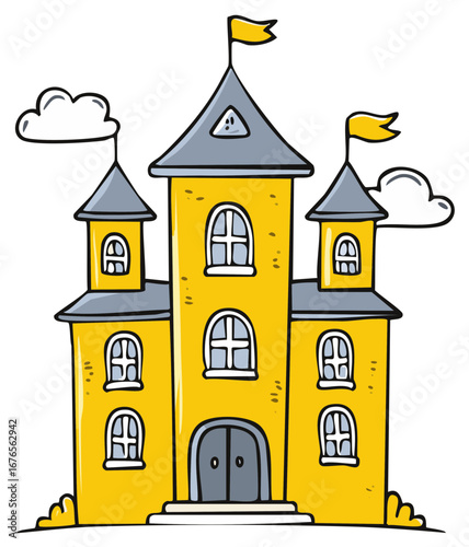 Whimsical yellow fairytale castle with flags and clouds, cartoon style