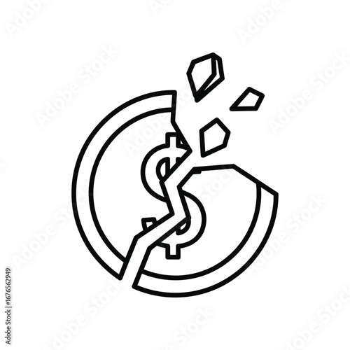 Dollar Coin Crisis: A stark, graphic representation of financial distress, a dollar coin shattered, a symbol of economic fragility and uncertainty.