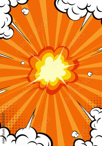 Comic Book Explosion with Rays Cloud Puffs and Halftone Dots.