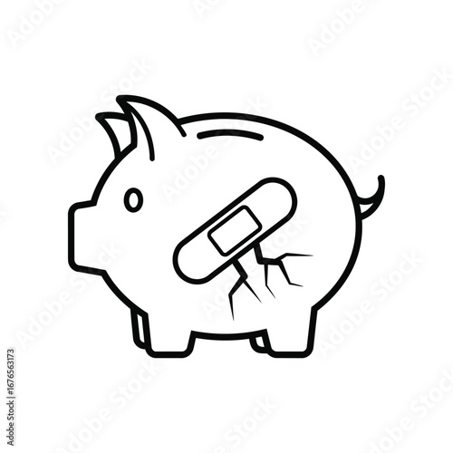 Economic Wounds: A symbolic monochrome illustration depicts a piggy bank marred by a cracked wound and an affixed bandage, representing financial hardship and the delicate need for monetary repair.