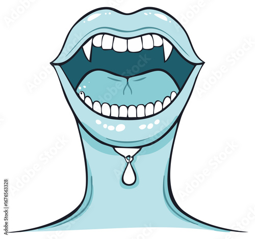 Cartoonish Pale Vampire Open Mouth with Fangs and Drool Hanging from Chin Revealing Teeth and Tongue