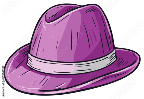 Cartoon Illustration of a Stylish Purple Fedora Hat with a White Ribbon