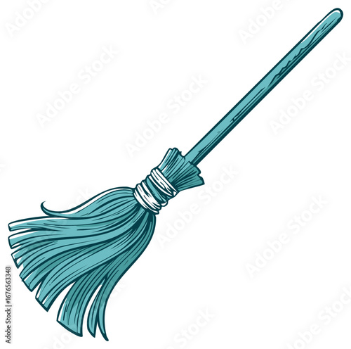 Blue Witch Broom Illustration for Cleaning and Halloween Decoration