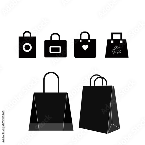 A stylish set of black paper shopping bags for fashion retail or gift packaging