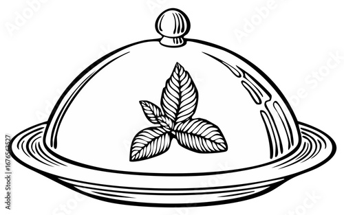 Black and white illustration of a cloche serving dish with basil leaves