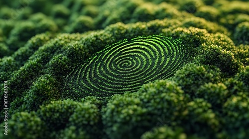 A green fingerprint pattern embedded in a dense mossy surface with a soft depth of field effect