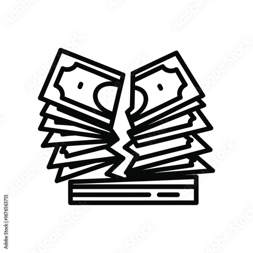 Financial Dilemma: A stark monochrome illustration depicts a pile of money being torn apart, conveying a sense of loss, financial hardship, or economic disruption.