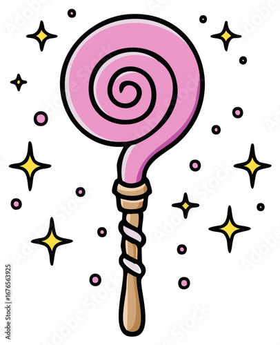 Magical wand with a swirl and stars for fairy tales and children's stories illustrations, fantasy theme, magic concept