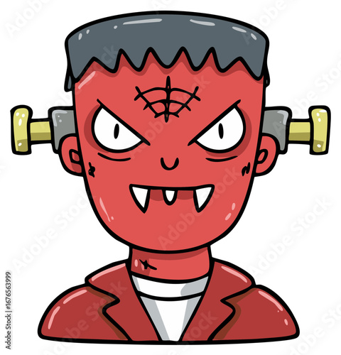 Cartoon Frankenstein Monster with stitches and bolts on head wearing a jacket