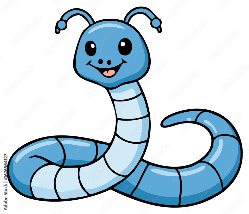 Fototapeta premium Cartoon character blue worm with smile, antennas, and curved body design.