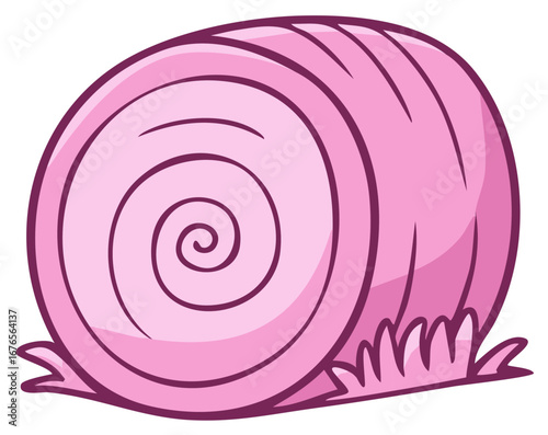 Whimsical pink rolled hay bale with a swirl pattern in a simple cartoon style