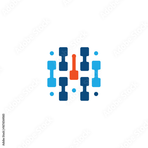 Abstract dumbbell pattern in blue and orange on a white background.