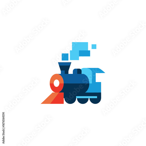 Illustration of a blue steam train with orange front and pixelated smoke.