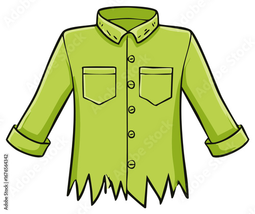 Vibrant Green Cartoon Shirt with Ripped Jagged Bottom and Cuffed Sleeves