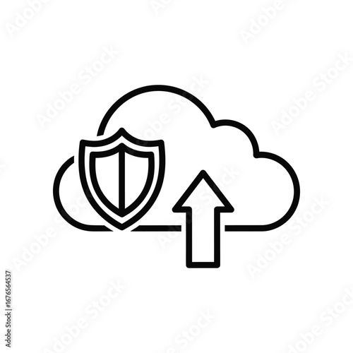 Secure Cloud Upload Icon: A minimalist illustration of a cloud with a shield, representing secure data upload and cloud storage protection.