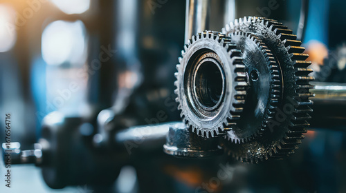 Close up of interlocking metal gears in industrial setting, showcasing precision engineering and mechanical design