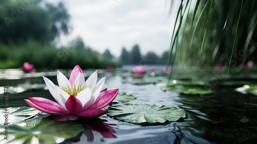 Serene pink and white lotus flower floats on calm pond surrounded by green lily pads, evoking tranquility and natural beauty