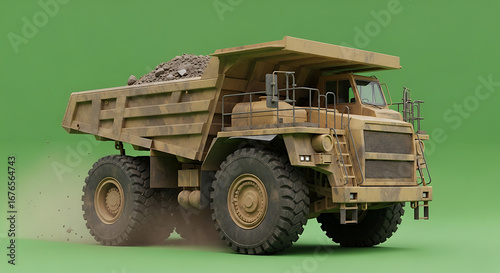 A large mining dump truck on a green screen background.
