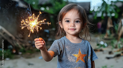 Young child joyfully holds sparkling firework in outdoor setting, wearing star patterned shirt