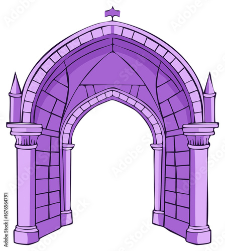 Illustrated Violet Stone Archway Entrance Ancient Structure Ornate Gothic Architecture Cartoon Design