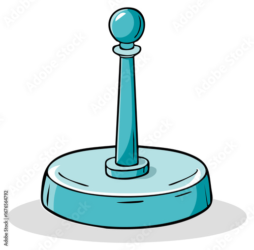 Cartoon illustration of an empty teal paper towel holder stand