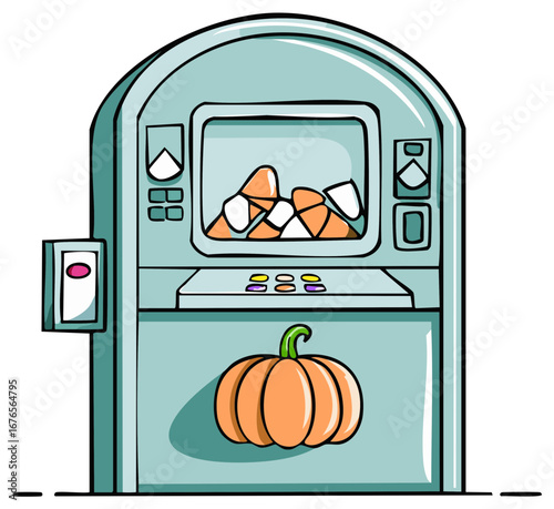 Halloween Candy Machine Dispensing Treats with Pumpkin Decoration Comic Style