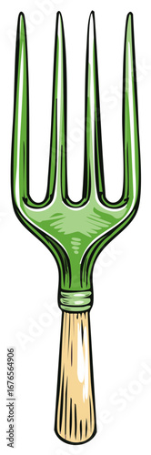Green Garden Fork with Wooden Handle Gardening Tool Illustration