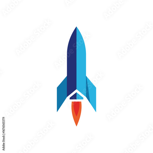 A stylized blue rocket ship with a red flame, symbolizing technology and space exploration.