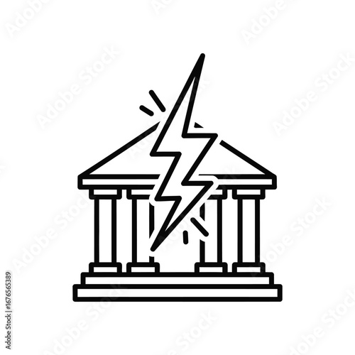 Metaphoric Building Under a Thunder: A symbolic depiction shows a building struck by lightning, representing concepts like crisis or instability in a bold, modern style.