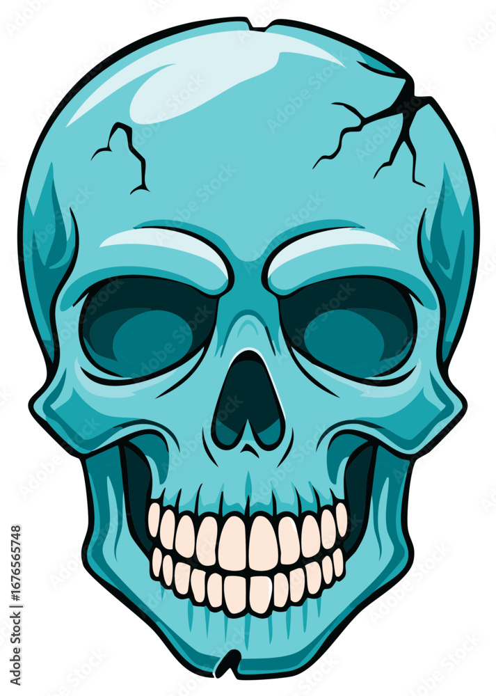 Fototapeta premium Stylized teal skull illustration with cracks, sharp lines, and open mouth.