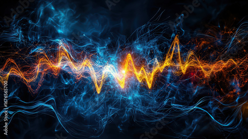 Dynamic abstract energy waves in vibrant blue and orange hues create sense of motion and intensity