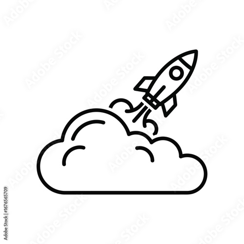 Rocket Ascent: A stylized black and white illustration of a rocket soaring through the clouds, symbolizing progress and innovation.