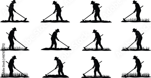 Farmer silhouette, agriculture worker, man with hoe, farming illustration, rural labor, village worker, countryside farming, crop field, harvest work, agriculture art