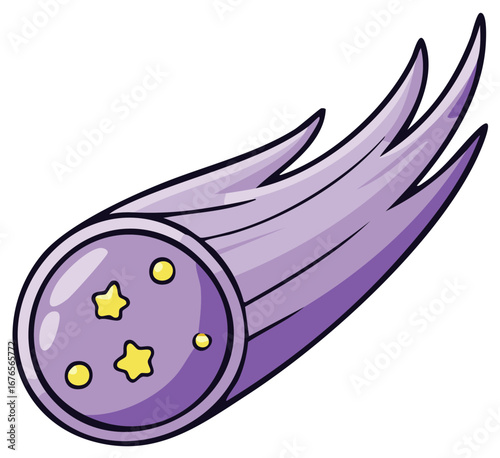 Cartoon purple comet flying in space with yellow stars decoration on its surface fantasy drawing