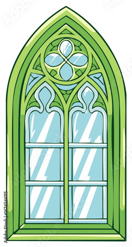 Gothic style arched window with green frame and ornate tracery pattern