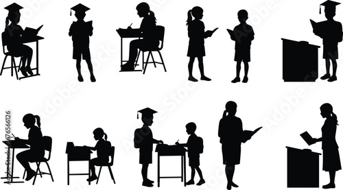 Silhouette of students studying, reading, writing, and presenting, educational activity, classroom learning concept, school children isolated on white background